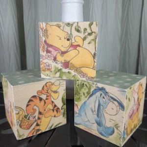 Winnie the Pooh  2&quot;  solid  wood fabric covered stacking blocks, Eeyore Tigger wooden blocks, Piglet shelf/ table top decor, baby gift