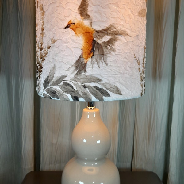 Watercolor textured bird lamp, Woodland lamp, Forest nature theme lamp, bird lover gift, bird foliage lamp, neutral ceramic fabric lamp