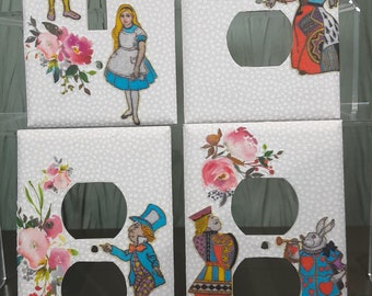 Set of Alice in Wonderland light switch plate/Outlet covers, Alice in Wonderland Nursery wall plates, Alice White Rabbit switch plate covers