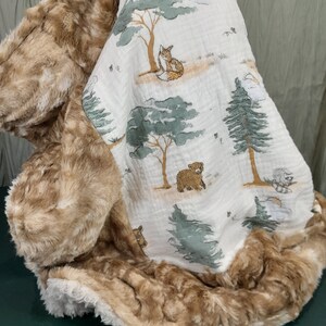 Woodland lovey blanket, Woodland security blanket, raccoon bear Fox security/car seat / stroller blanket, baby security blanket, baby gift