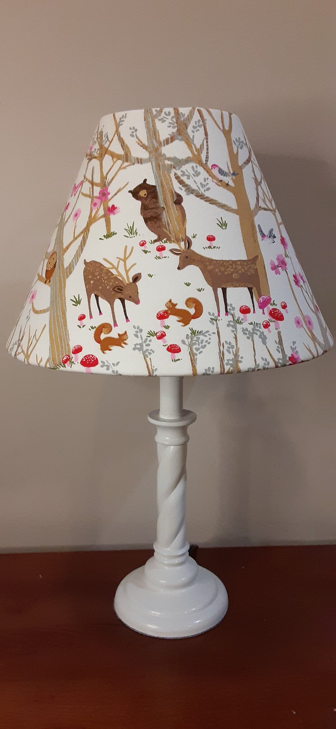 Woodland Nursery Lamp, Girl Woodland Accent Lamp, Bear/deer/bird/squirrel Lamp, Pink and Gray
