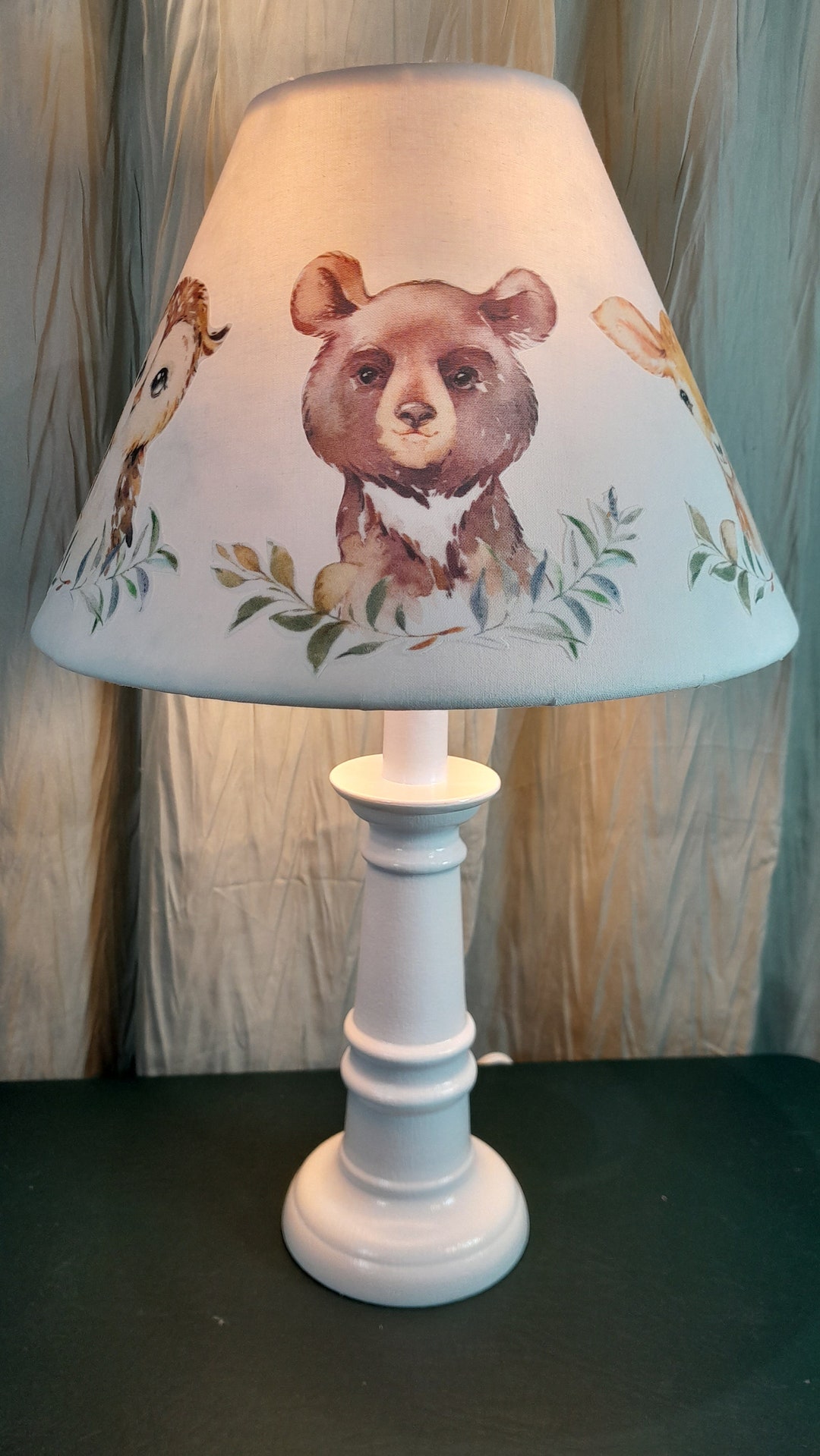 Woodland Nursery Accent Lamp, Owl Bear Deer Raccoon Lynx Baby Lamp, Baby Animal Lamp, Baby