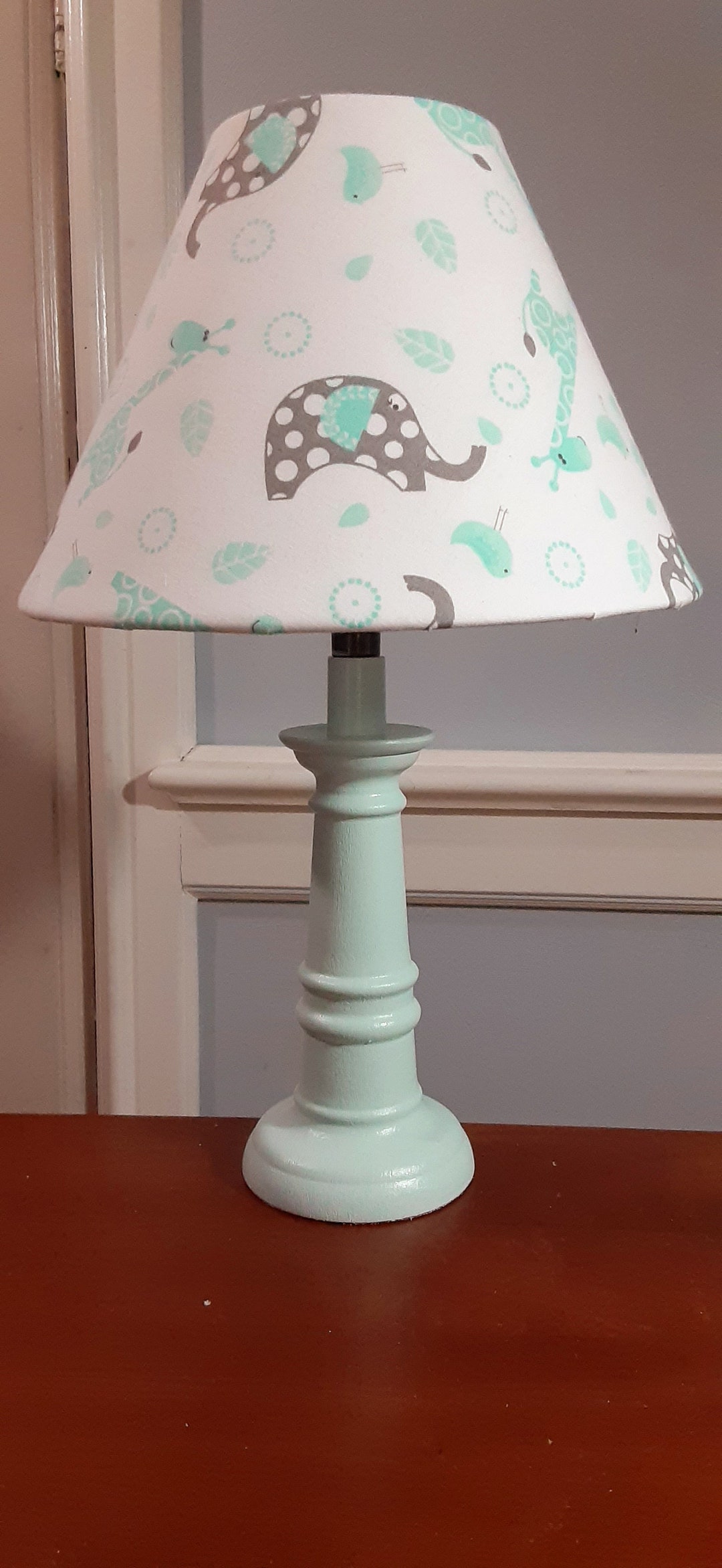 SHADE ONLY Elephant Giraffe Nursery Safari Lampshade, Gray Turquoise Elephant Baby Lampshade