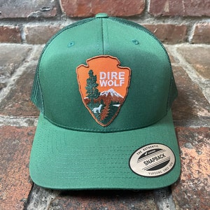 May include: A green trucker hat with a brown and orange patch that says "Dire Wolf" on it. The patch is in the shape of a spearhead and has a small image of a wolf and a mountain inside. The hat has a black mesh back and a white "Yupoong Snapback" label.