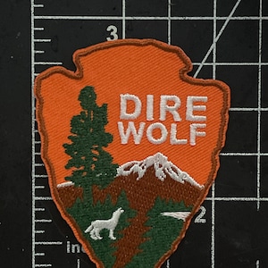 May include: Orange, green, and white embroidered patch shaped like a spearhead with the words "DIRE WOLF" in white. The patch features a stylized mountain range, a pine tree, and a wolf.