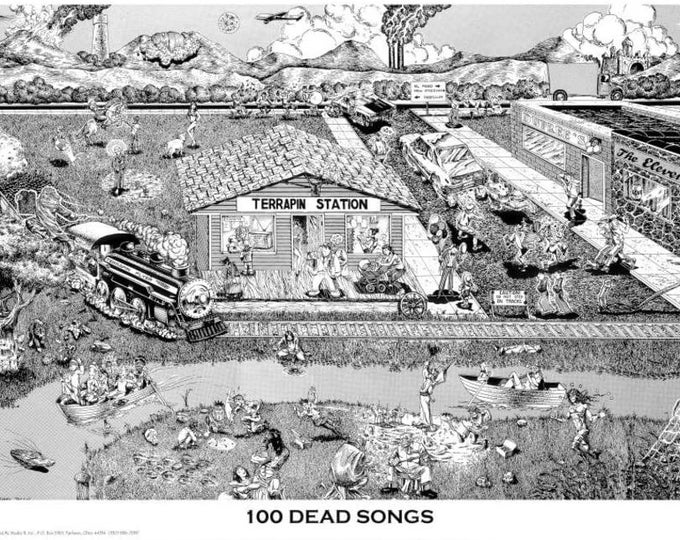 Grateful Dead Songs Poster 100 Grateful Dead Songs Poster. Designed back in 1981 by renowned Grateful Dead artist Gary Krugman.  24" x 36"