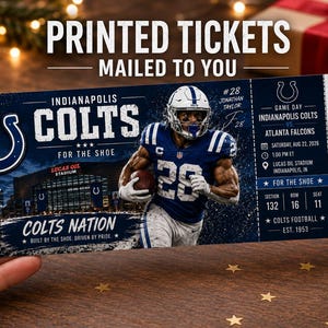 May include: A rectangular Indianapolis Colts game day ticket featuring a blue and white color scheme. The ticket displays a football player in a blue jersey, the Lucas Oil Stadium, the Colts logo, and event details including date, time, and seat info.