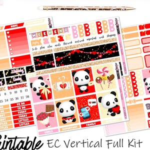 Love, Panda - San Valentín / Erin Condren Verical Planner / Kit de pegatinas semanales imprimibles