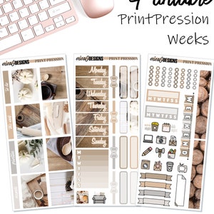 May include: Printable planner stickers with a woodgrain and neutral colour scheme. The stickers include days of the week, boxes, and other organisational elements. The text "PrintPression Weeks" is visible at the top of the image.