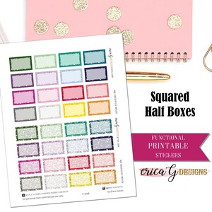 Może przedstawiać: Arkusz drukowanych naklejek z różnymi kolorowymi kwadratowymi ramkami z błyszczącymi obramowaniami. Tekst "Squared Half Boxes" znajduje się na górze arkusza. Tekst "Functional Printable Stickers" znajduje się pod ramkami. Tekst "erica G DESIGNS" znajduje się na dole arkusza.