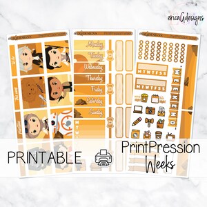 May include: Printable planner stickers featuring characters from Star Wars. The stickers are on a yellow and orange background with a desert landscape. The stickers include a calendar, days of the week, and various other icons.
