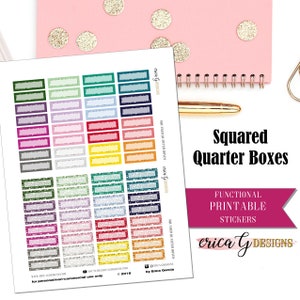 May include: Printable stickers with a variety of colourful glitter backgrounds and white outlines. The stickers are square and have a blank space for writing. The text on the sheet reads "Squared Quarter Boxes Functional Printable Stickers erica G DESIGNS".