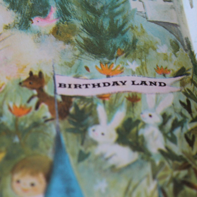 Vintage Colorful Fantasy Flat Folded Child Birthday Land Gift Wrap One Sheet Wrapping Paper Castle Woodland Animals Children River Birds