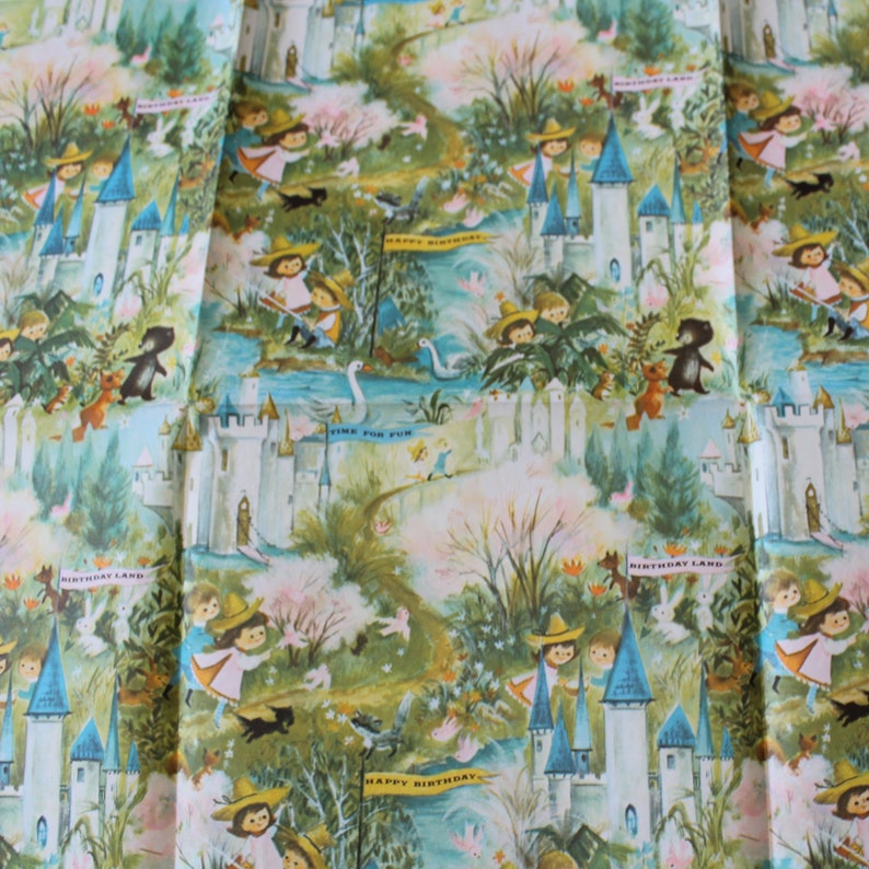 Vintage Colorful Fantasy Flat Folded Child Birthday Land Gift Wrap One Sheet Wrapping Paper Castle Woodland Animals Children River Birds
