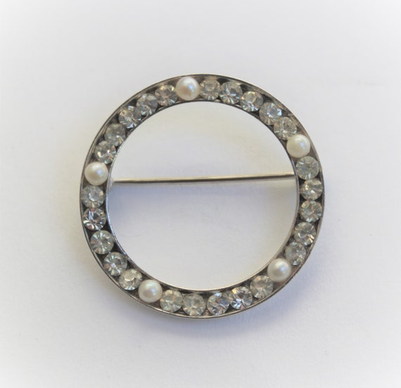 CORO Sterling Rhinestone and Pearl Round Brooch, … - image 1