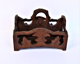 Mid Century Carved Wood Letter Holder, Wooden Desk Organizer, Office Accessory, Pen and Pencil Caddy