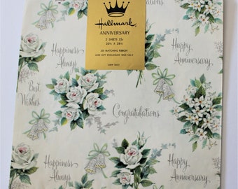 Vintage Happy Anniversary Flat Fold Wrapping Paper - White Roses Flowers and Bells - Hallmark - 2  Sheets - Congratulations - Best Wishes