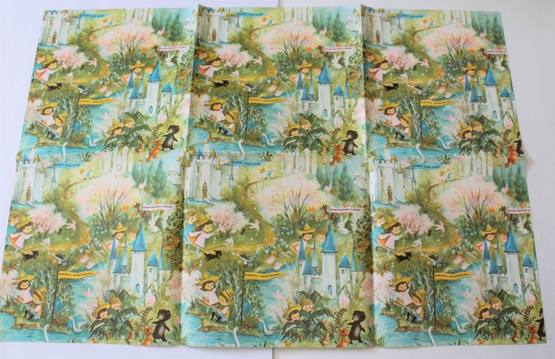 Vintage Colorful Fantasy Flat Folded Child Birthday Land Gift Wrap One Sheet Wrapping Paper Castle Woodland Animals Children River Birds