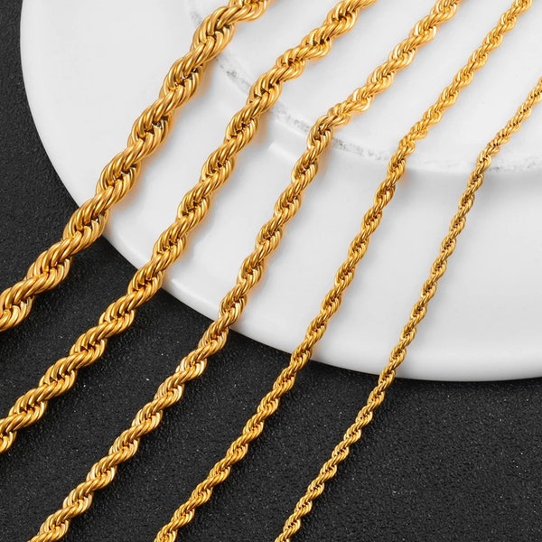 Gold Plated Twisted Rope Chain, Necklace for Men and Women, Rope Chain 316L Stainless Steel Diamond Cut, 2-6mm Wide 14-30" Inches