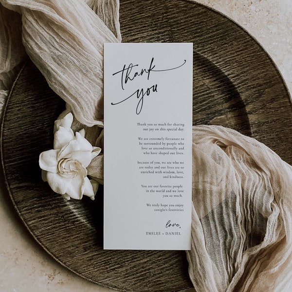 PRINTED Minimalist Wedding Table Thank You, Thank You Napkin Note, Thank You Place Setting, Menu Thank You Note, 4x9 Printed, #13001