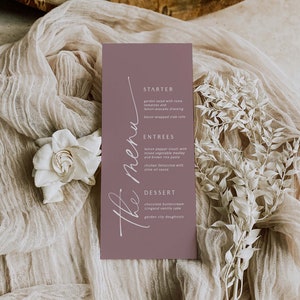 Printed Dusty Rose Wedding Menu Cards: Personalized Reception Menus