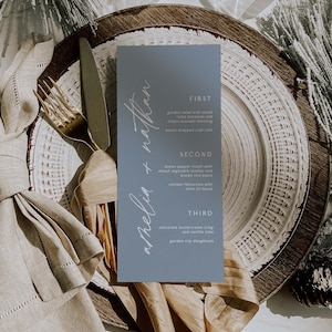 Printed Dusty Blue Wedding Menu Cards: Personalized Reception Menus