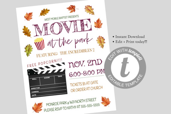editable movie night flyer school church benefit flyer etsy