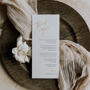 PRINTED Digital Gold Minimalist Wedding Table Thank You, Thank You Napkin Note Place Setting, Menu Thank You Note, 4x9 Printed, #13009