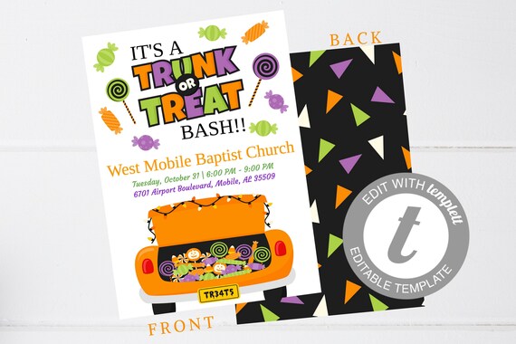 editable trunk or treat flyer halloween party halloween for adult invitation template instant download halloween invite pumpkin trunk or treat flyer templates