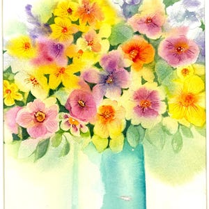 Peaceful Flower Bouquet, Bouquet in Vase Watercolor, Original Watercolor, Original Painting, Home Decor