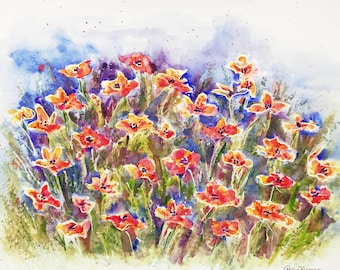 SALE Field of Poppies,Impressionistic Floral, Poppies Original Watercolor, Original Painting, Size 16x20 inches with Mat, Gift , Home Decor