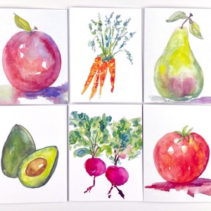 Colorful Fruit and Vegetable Greeting Cards,  Carrots, Beets, Tomato, Apple, Avocado. 6 Cards,  Blank Inside, Envelopes Included, Gift