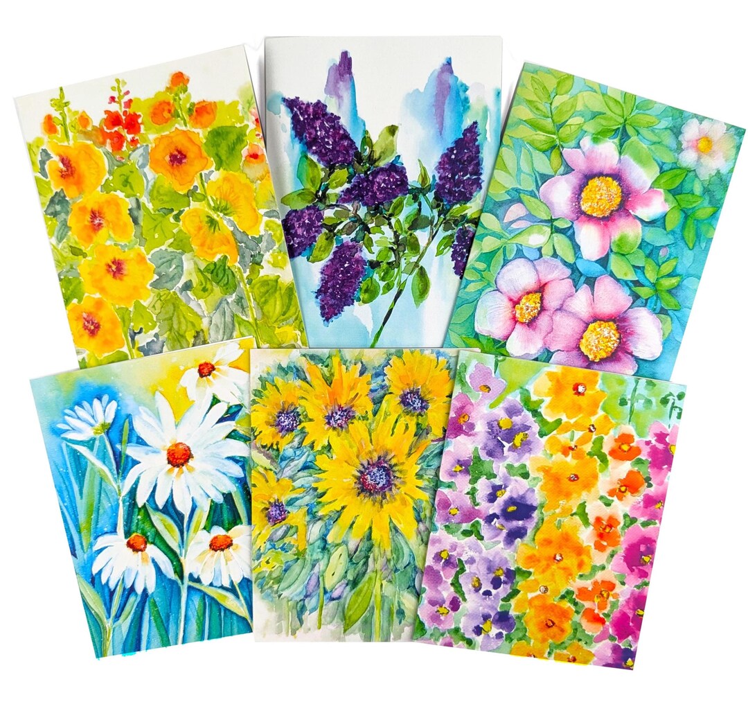 Garden Delight , Watercolor Note Cards, Set of 6 Blank Greeting Cards ...
