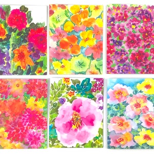 May include: Six watercolor paintings of various flower arrangements. Each painting features a different color palette and floral design, including pink, yellow, orange, red, and purple flowers.
