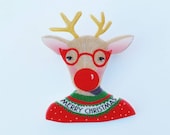 Brooch // Pin // Rudolf // Christmas // shrink plastic // lllustrated jewelry  // Rudolf brooch // christmas brooch or magnet // Christmas