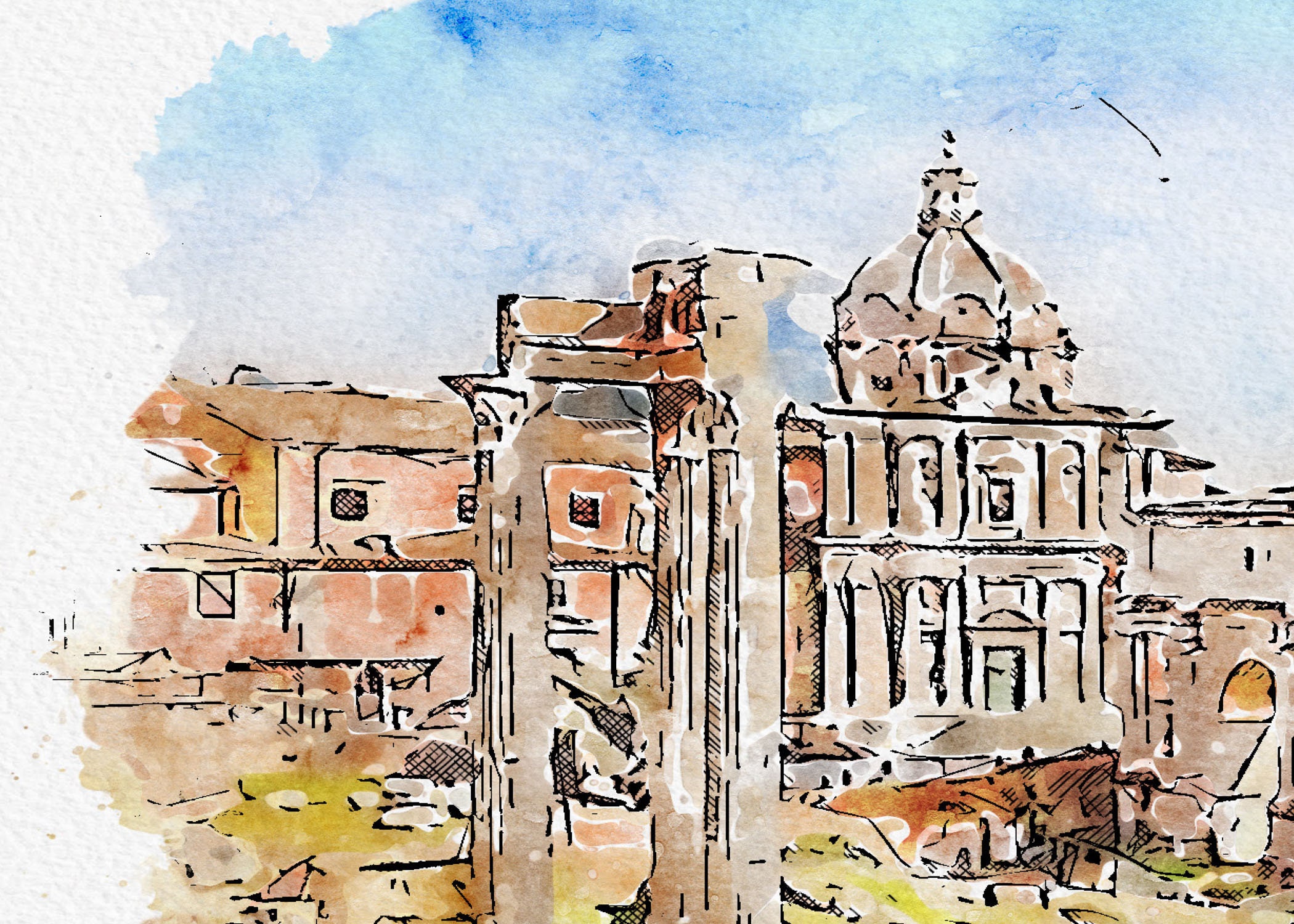 Watercolor of the Ancient Ruins of Rome (italy), Size Watercolor 19,68 ...