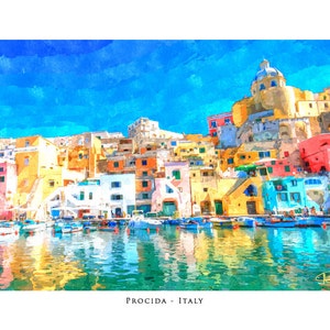 May include: A watercolour painting of colourful buildings lining a harbour with boats in the water. The buildings are painted in shades of yellow, orange, pink, blue, and green. The water is a turquoise blue with reflections of the buildings. The text "PROCIDA - ITALY" is at the bottom of the image.