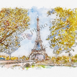 La Tour Eiffel, Aquarelle de Paris, dimensions 50 cm x 70 cm (19,68" x 27,55")