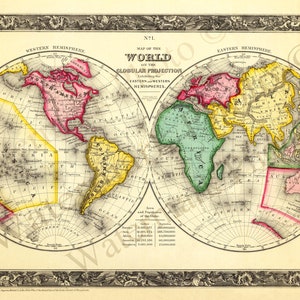 Könnte beinhalten: Eine Vintage-Weltkarte, gedruckt auf Papier mit einer Globusprojektion, die die östliche und westliche Hemisphäre zeigt. Die Karte ist in Kontinente mit verschiedenen Farben unterteilt, darunter Nordamerika, Südamerika, Europa, Asien, Afrika und Australien. Die Karte enthält einen Titel: "Karte der Welt auf der Globusprojektion, die die östliche und westliche Hemisphäre umfasst."