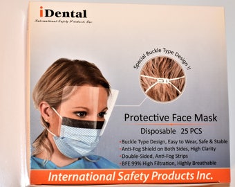 25 Disposable protective face mask with both sides anti fog eye shield