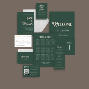 May include: Green and gold wedding invitation suite with a save the date card, welcome sign, seating chart, menu, table number, RSVP card, thank you card, and details card with a QR code. The text on the cards includes the names Jane and William, the wedding date, and the location.