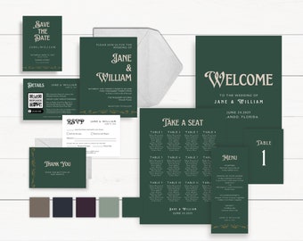 DIGITAL DOWNLOAD - Fairytale Storybook Invitation Suite - Editable Canva Wedding Bundle - Emerald - Save the Date - RSVP