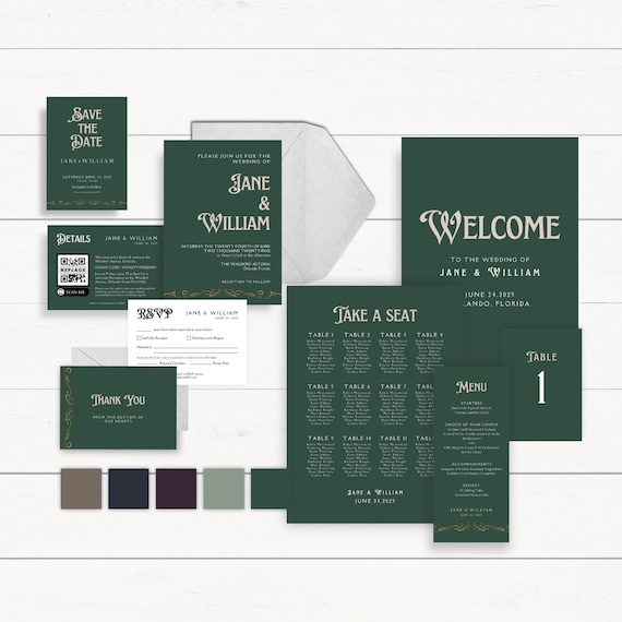 DIGITAL DOWNLOAD - Fairytale Storybook Invitation Suite - Editable Canva Wedding Bundle - Emerald - Save the Date - RSVP