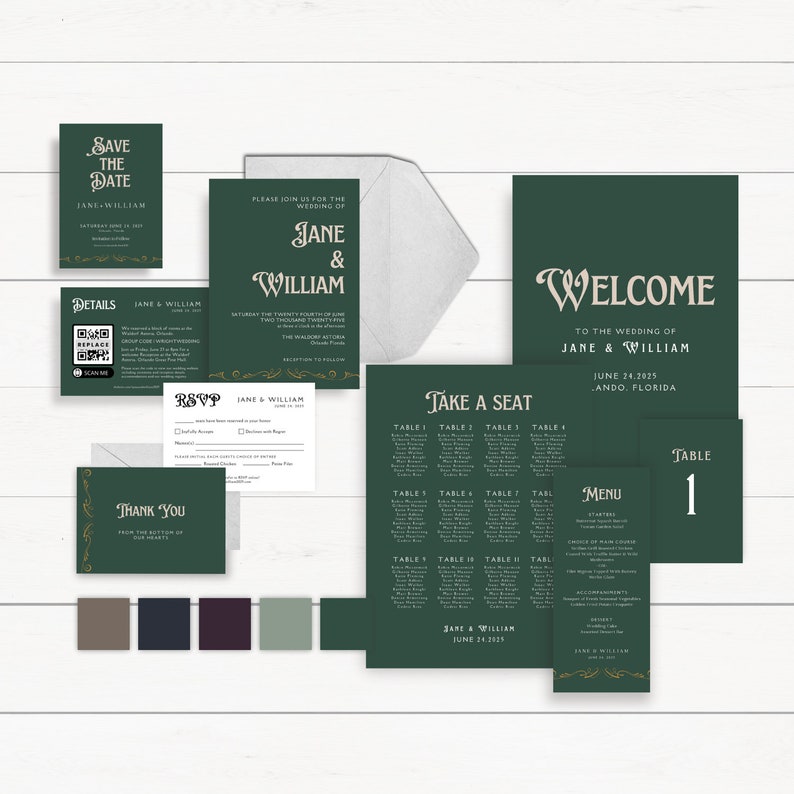May include: A set of wedding stationery in a green and gold color scheme. The invitation features a calligraphic font and the text "Please join us for the wedding of Jane & William". The RSVP card has a gold floral design and the text "Jane & William". The welcome sign has the text "Welcome to the wedding of Jane & William" and the date "June 24, 2025". The table number card has the number "1" in a gold font. The menu card has the text "Menu" and a list of food items. The seating chart has the text "Take a Seat" and a list of tables and guests.