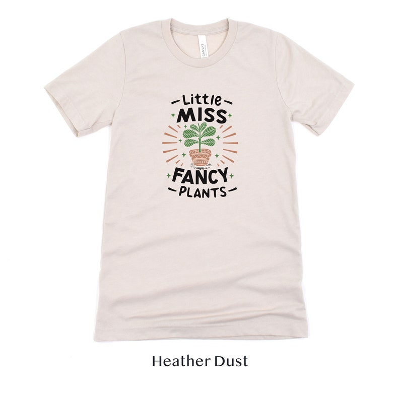 May include: A heather dust colored t-shirt with a graphic of a potted plant and the text "Little Miss Fancy Plants".