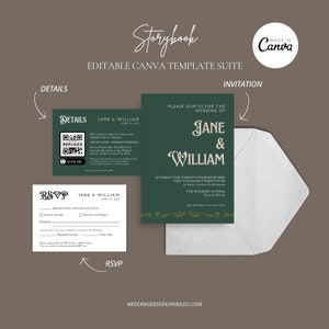 May include: A green and gold wedding invitation suite with a QR code for guests to access wedding details. The invitation features the names "Jane & William" and the date "Saturday the Twenty Fourth of June Two Thousand Twenty Five".