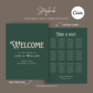 May include: A green welcome sign with the text "Welcome to the wedding of Jane & William" and the date "June 24, 2025" and the location "Orlando, Florida". A seating chart with the title "Take a Seat" and a list of tables and names for each table.
