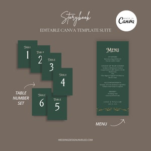 May include: A set of six green table number cards with white numbers 1 through 6. A green menu card with gold accents and the text "MENU", "STARTERS", "CHOICE OF MAIN COURSE", "ACCOMPANIMENTS", "DESSERT", "JANE & WILLIAM", and "JUNE 24, 2021".