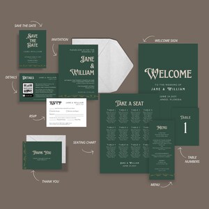 May include: A set of wedding stationery with a green and gold color scheme. The invitation features the names "Jane & William" and the date "June 24, 2025". The RSVP card includes a place for guests to indicate their attendance and meal choice. The seating chart lists tables and guest names. The welcome sign reads "Welcome to the wedding of Jane & William" and includes the date and location. The menu card features a list of food and drink options. The table number card is a simple design with the number "1" in a large font.