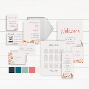 DIGITAL DOWNLOAD - Beach Wedding Invitation Suite - Editable Canva Bundle - Seashell - Coral - Mint - Destination - Save the Date - RSVP